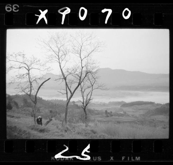 矢岳から霧のたちこめた真幸谷越しに霧島山をみる